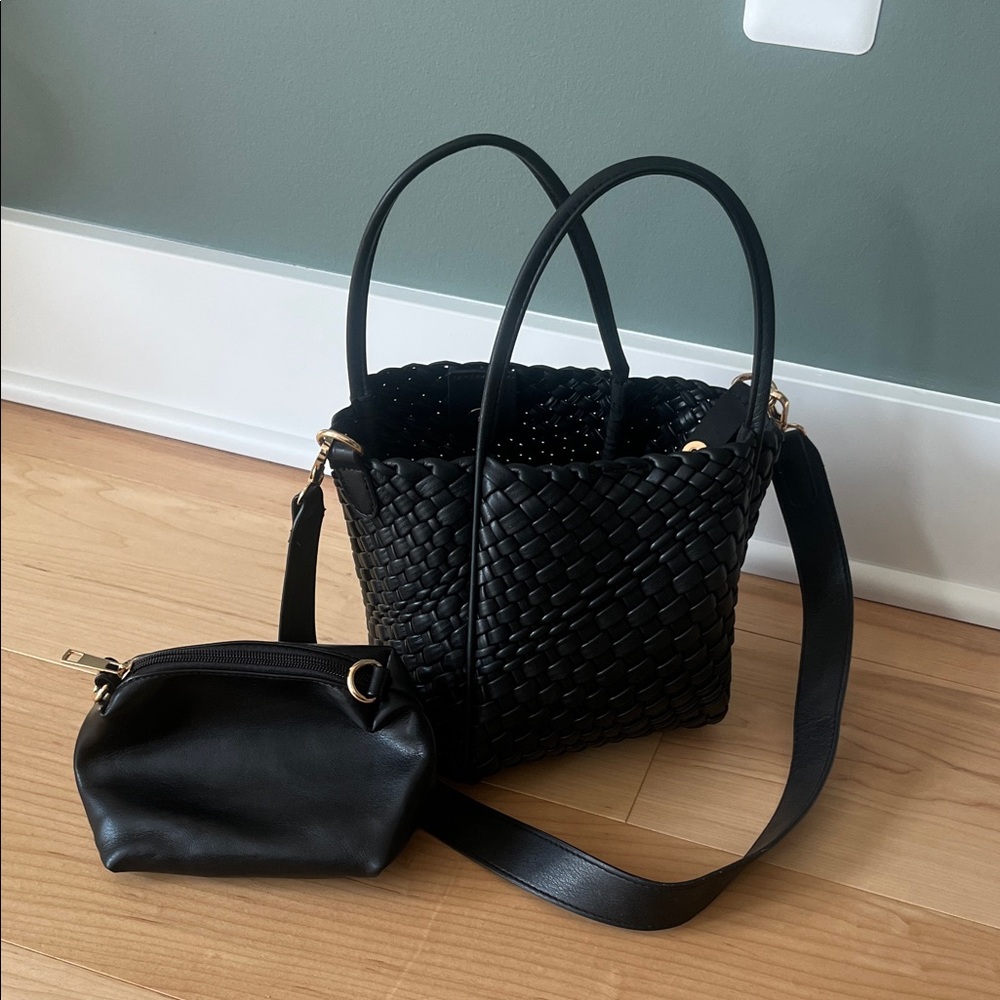 Elegant Black Woven Mini Tote Bag with Pouch